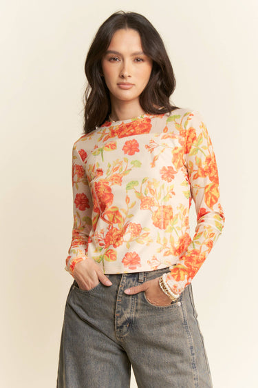 FLORAL PRINT MESH LONG SLEEVE LAYERING TOP
